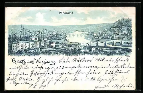 Lithographie Würzburg, Panorama aus der Vogelschau