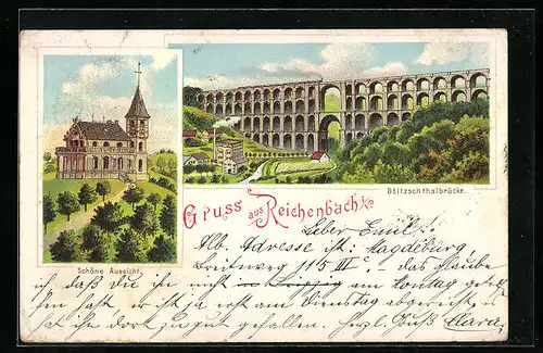 Lithographie Reichenbach i. S., Göltzschthalbrücke, Schöne Aussicht