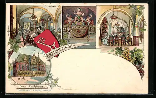 Lithographie Bremen, Gasthaus Rathskeller, Echo-Saal, Wappen