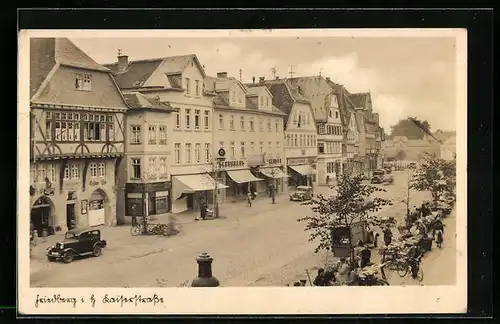 AK Friedberg, Schuhhaus und Marktstände in der Kaiserstrasse