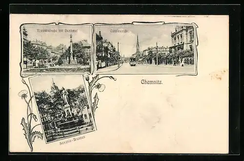 AK Chemnitz, Theaterstrasse mit Denkmal, Carolastrasse mit Strassenbahn, Saxonia-Brunnen