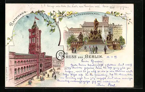 Lithographie Berlin, Königstrasse, Rotes Rathaus, Luther-Denkmal, Neuer Markt