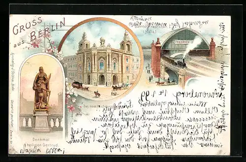 Lithographie Berlin, Reichspostgebäude, Bahnhof Friedrichstrasse, Denkmal der heiligen Gertrud