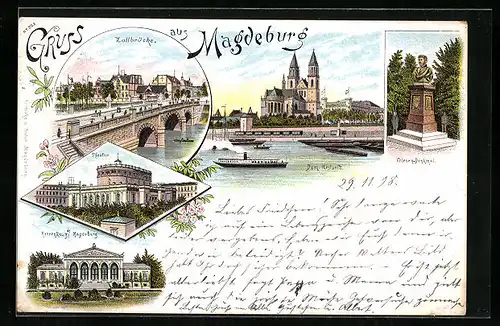 Lithographie Magdeburg, Zollbrücke, Dom-Westseite, Theater