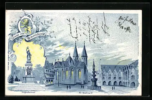 Lithographie Braunschweig, Siegesdenkmal, Alt-Stadtmarkt, Wappen