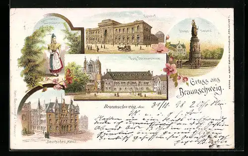 Lithographie Braunschweig, Burg Dankwarderode, Sieges-Denkmal, Bahnhof, Deutsches Haus