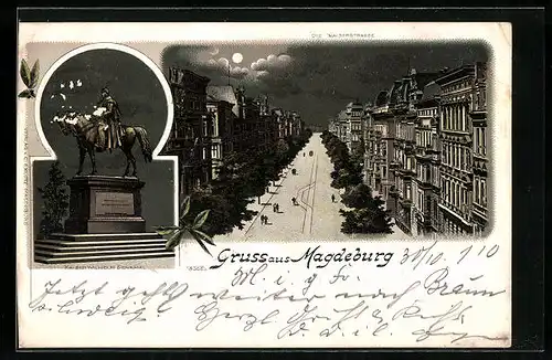 Lithographie Magdeburg, Kaiser Wilhelm Denkmal, Die Kaiserstrasse bei Nacht