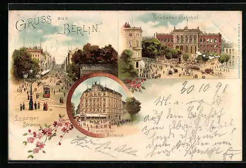 Lithographie Berlin, Potsdamer Bahnhof, Leipziger Strasse, Grand-Hotel-Bellevue