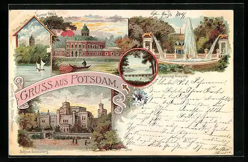 Lithographie Potsdam, Marmor Palais, Jagdschloss Glienicke, Flatow-Turm, Schloss Babelsberg