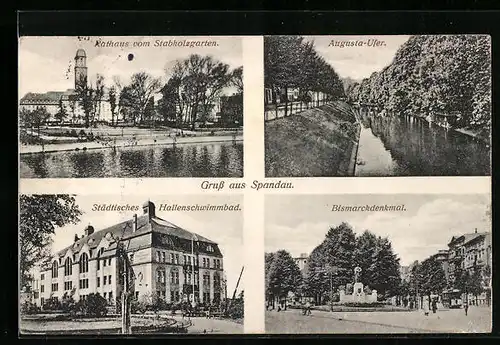 AK Spandau, Rathaus, Augusta-Ufer, Städt. Hallenschwimmbad, Bismarckdenkmal