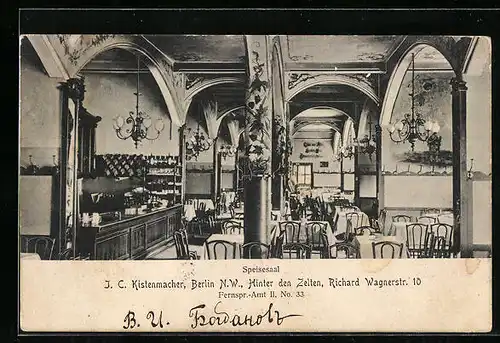 AK Berlin-Tiergarten, Speisesaal im Gasthaus J. C. Kistenmacher, Hinter den Zelten, Richard Wagnerstrasse 10