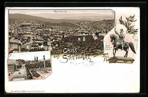 Lithographie Stuttgart, Altes Schloss, Graf Eberhard-Denkmal, Totalansicht