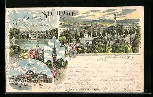 Lithographie Stuttgart, Degerlocher Aussichtsturm, Solitude, Neues Schloss