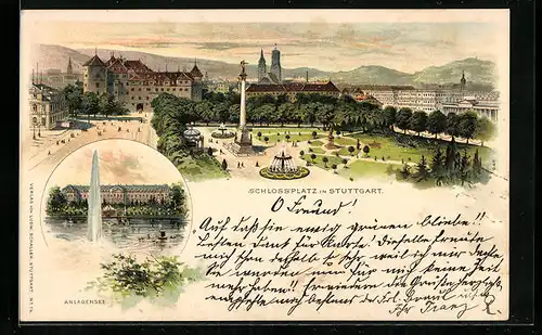 Lithographie Stuttgart, Schlossplatz aus der Vogelschau, Anlagensee