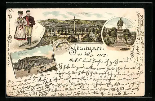 Lithographie Stuttgart, Schlossplatz, Königsbau. Herzog Christoph-Denkmal