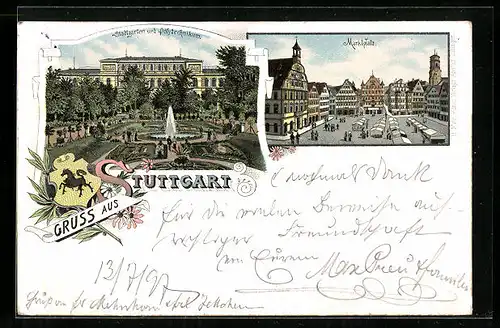 Lithographie Stuttgart, Stadtgarten und Polytechnikum, Marktplatz