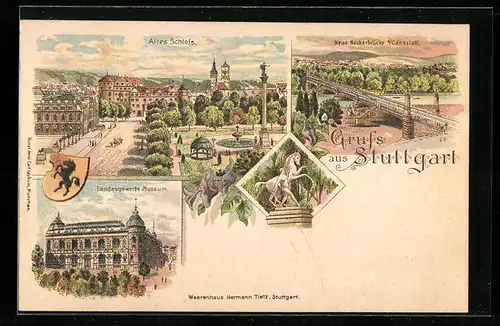 Lithographie Stuttgart, Altes Schloss, Landesgewerbemuseum, Neue Neckarbrücke