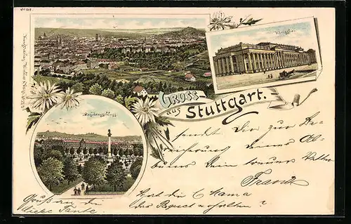 Lithographie Stuttgart, Ortsansicht, Königsbau, Residenzschloss