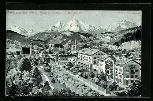 Künstler-AK Berchtesgaden, Hotel u. Pension zur Post gegen den Watzmann