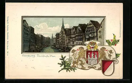 Passepartout-Lithographie Alt-Hamburg, Deichstrasse-Fleet mit Booten, Wappen