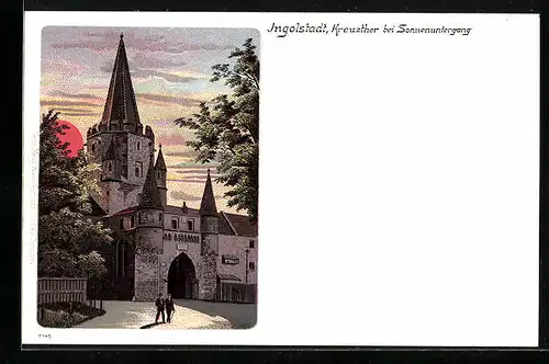 Lithographie Ingolstadt, Kreuzthor bei Sonnenuntergang