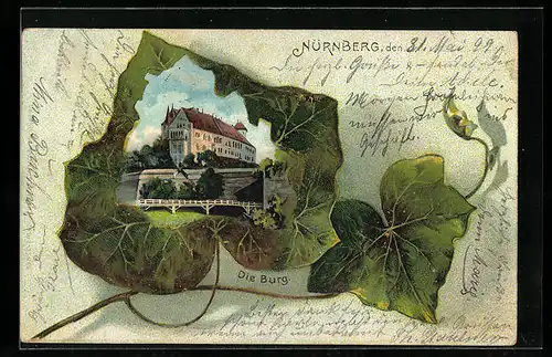 Passepartout-Lithographie Nürnberg, Ansicht der Burg auf Efeu