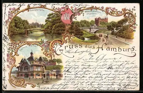 Lithographie Hamburg-St. Pauli, Gasthaus Fährhaus, Karsten-Miles Brücke mit Seewarte, Botanischer Garten