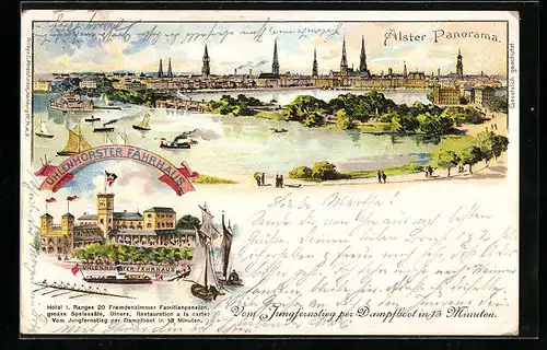 Lithographie Hamburg-Neustadt, Gasthaus Uhlenhorster Fährhaus, Alster Panorama