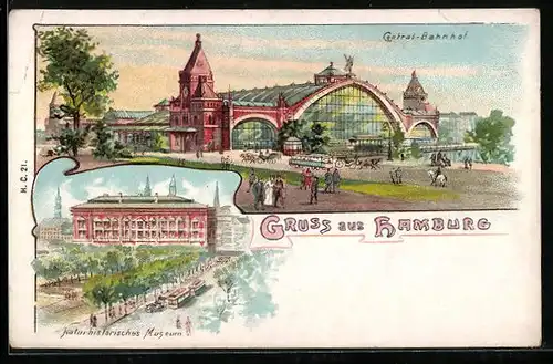 Lithographie Hamburg-St.Georg, Blick auf Bahnhof und Naturhistorisches Museum