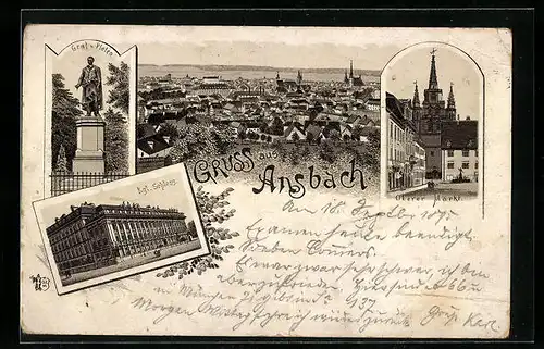 Vorläufer-Lithographie Ansbach, 1895, Graf v. Platen, Gesamtansicht, Oberer Markt, Kgl. Schloss