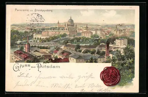 Lithographie Potsdam, Panorama vom Brauhausberg aus, Siegel