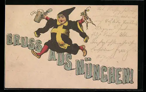 Vorläufer-Lithographie Münchner Kindl mit Mass Bier in der Hand 1895