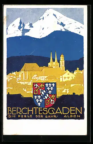 Künstler-AK Ludwig Hohlwein: Berchtesgaden, Ortsansicht gegen Bergmassiv