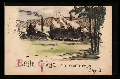 Künstler-AK Handgemalt: Waldenburg, Darstellung von Industrieanlagen