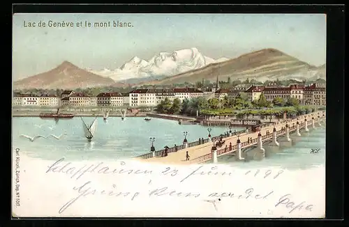 Lithographie Künzli Nr. 5017: Lac de Genève et le mont blanc, Berg mit Gesicht / Berggesichter