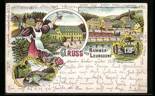 Lithographie Hammer-Leubsdorf, Gasthof, Bergmännchen, Ortsansicht mit Eienbahn, Angler