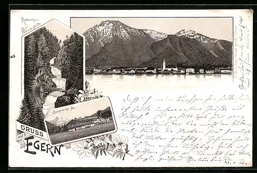Vorläufer-Lithographie Egern, 1895, Gasthof Bauer in der Au, Rottacher Wasserfälle, Panorama