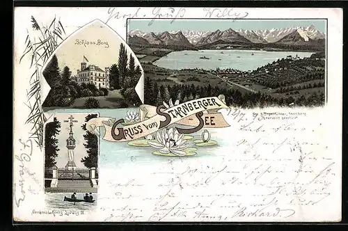 Vorläufer-Lithographie Starnberg, 1895, Schloss Berg, Denkmal König Ludwig II., Panorama mit Starnberger See