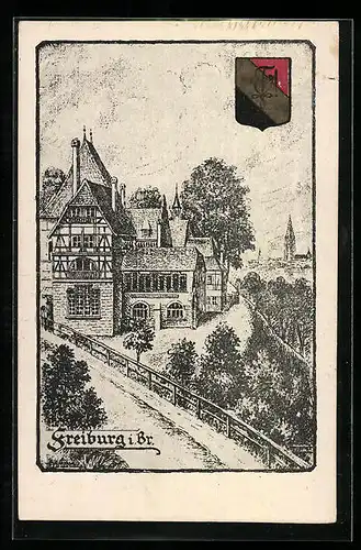 Künstler-AK Freiburg i. Br., Verbindungshaus, Blick zum Münster