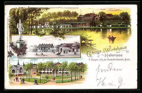 Lithographie Berlin-Halensee, Wirtshaus am Halensee vom Wasser gesehen, Strassen- und Gartenansicht