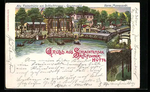 Lithographie Berlin-Schlachtensee, Gasthaus Alte Fischerhütte Herm. Marquardt, Gesamtansicht, Paar auf Tandem