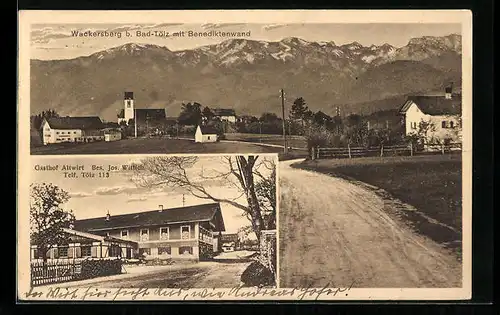 AK Wackersberg / Bad Tölz, Ortsansicht mit Benediktenwand und Gasthof Altwirt