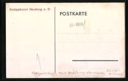 Künstler-AK Neuburg a. D., Festpostkarte anlässlich der Eröffnung des neuen Kneippheimes