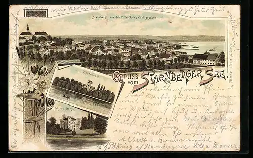 Lithographie Starnberg, Teilansicht von der Villa Prinz Carl gesehen u. Starnberger See, Roseninsel, Schloss Berg