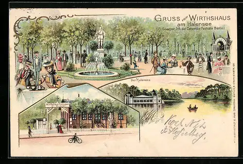 Lithographie Berlin-Halensee, Gasthaus am Halensee, Springbrunnen