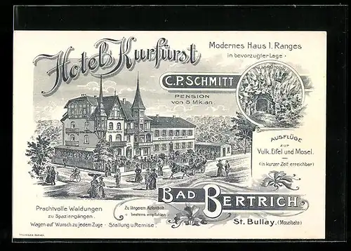 Lithographie Bad Bertrich /St. Bullay, Hotel Kurfürst, Käsegrotte