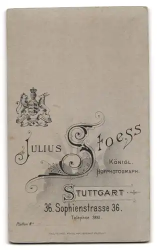 Fotografie Julius Stoess, Stuttgart, Sophienstrasse 36, Junge Dame mit strengem Mittelscheitel im Rüschenkleid