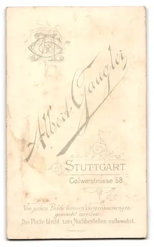 Fotografie Albert Gaugler, Stuttgart, Calwerstrasse 58, Bürgerlicher mit Schnurrbart und Mittelscheitel