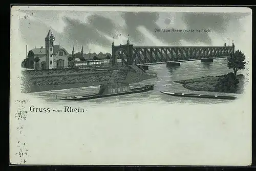 Lithographie Kehl, Die neue Rheinbrücke mit Dampfern, Silbereffekt