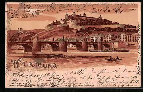 Lithographie Würzburg, Partie an der Mainbrücke